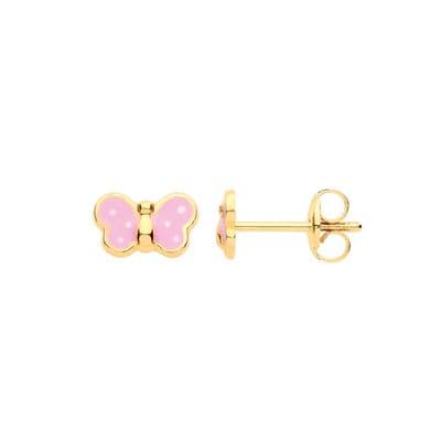 9ct Yellow Gold Childrens Enameled Pink Butterfly EarringsStuds