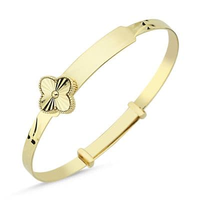 9ct Yellow Gold Childrens Expandable Clover ID Bangle