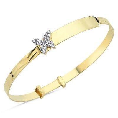 9ct Yellow Gold Childrens Expandable CZ Butterfly ID Bangle