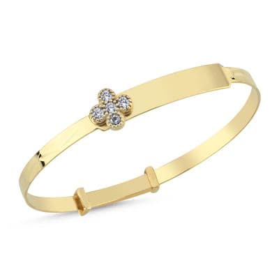 9ct Yellow Gold Childrens Expandable CZ Clover ID Bangle