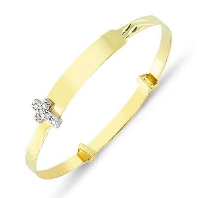 9ct Yellow Gold Childrens Expandable CZ Cross ID Bangle