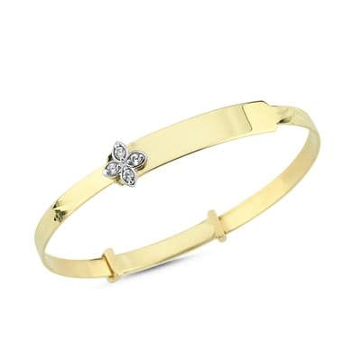 9ct Yellow Gold Childrens Expandable CZ Daisy ID Bangle