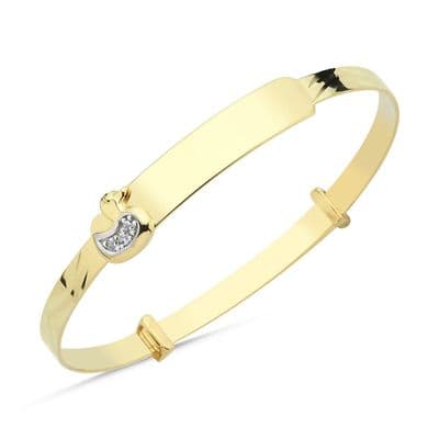 9ct Yellow Gold Childrens Expandable CZ Duck ID Bangle