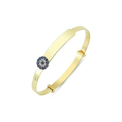 9ct Yellow Gold Childrens Expandable CZ Evil Eye ID Bangle