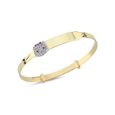 9ct Yellow Gold Childrens Expandable CZ Kitty ID Bangle