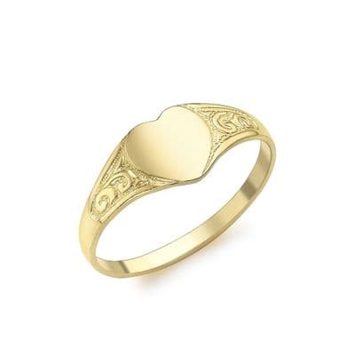 9ct Yellow Gold Childrens Heart Patterned Signet Ring