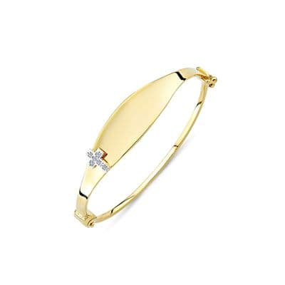 9ct Yellow Gold Childrens Hinged Oval CZ Cross ID Bangle