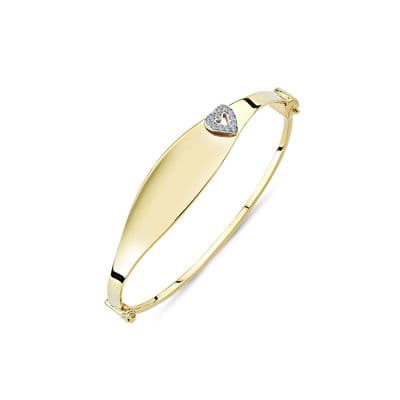 9ct Yellow Gold Childrens Hinged Oval CZ Heart ID Bangle