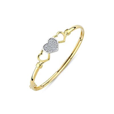 9ct Yellow Gold Childrens Three Hearts CZ Hinged Bangle