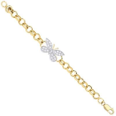 9ct Yellow Gold CZ Butterfly Charm Childrens Belcher Bracelet