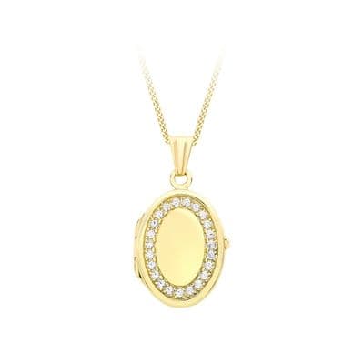 9ct Yellow Gold CZ Edged Oval Locket Pendant