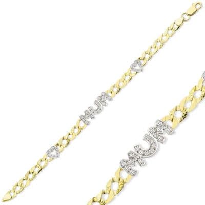 9ct Yellow Gold CZ Mum & Heart Curb Bracelet