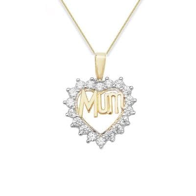 9ct Yellow Gold CZ Mum Heart Pendant