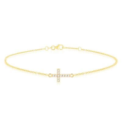 9ct Yellow Gold CZ Sideways Cross Bracelet