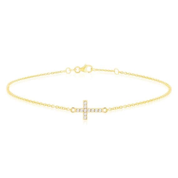 9ct Yellow Gold CZ Sideways Cross Bracelet