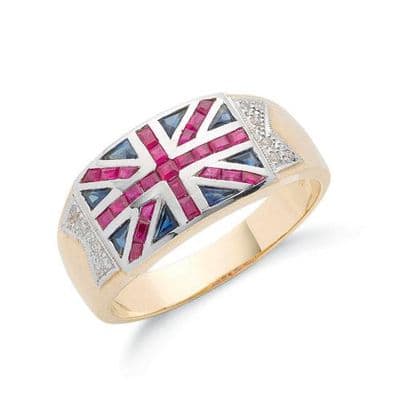 9ct Yellow Gold Diamond Blue Sapphire & Ruby Union Jack Ring