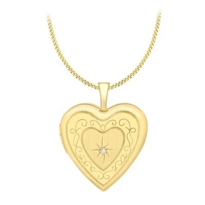 9ct Yellow Gold Diamond Set Etched Heart Locket