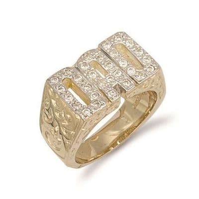 9ct Yellow Gold Heavyweight CZ Patterned Sides Dad Ring