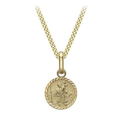 9ct Yellow Gold Ladies 8mm St Christopher Diamond Cut & Satin Round Pendant