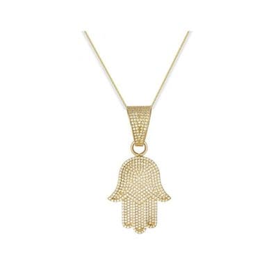 9ct Yellow Gold Large CZ Hamsa Pendant Necklace