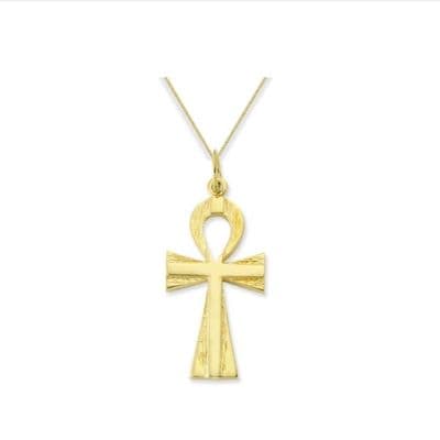 9ct Yellow Gold Large Plain & Barked Ankh Cross Pendant