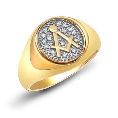 9ct Yellow Gold Masonic 10pt Diamond Swivel Oval Signet Ring