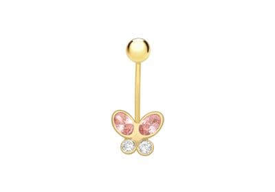 9ct Yellow Gold Pink and White CZ Butterfly 10mm x 24mm Belly Bar