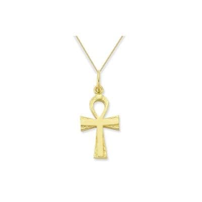 9ct Yellow Gold Plain & Barked Ankh Cross Pendant