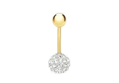 9ct Yellow Gold Round White Crystal Cluster 8mm x 22mm Belly Bar
