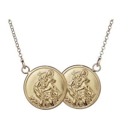 9ct Yellow Gold St Christopher Full Two Coin Holly Necklace
