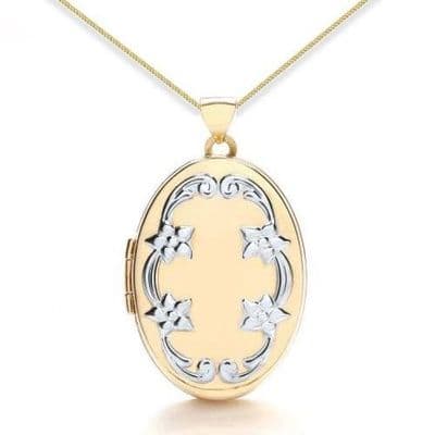 9ct Yellow Gold & White Gold Floral Embossed Oval Locket