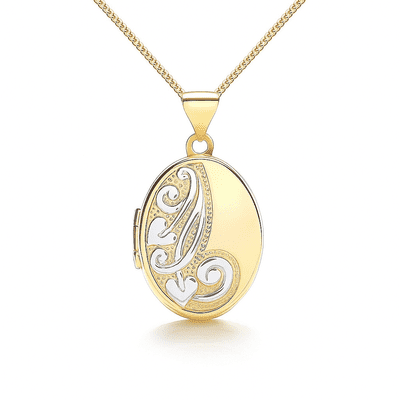 9ct Yellow Gold & White Gold Floral Scroll Oval Locket