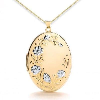 9ct Yellow Gold & White Gold Flower Embossed Oval Locket