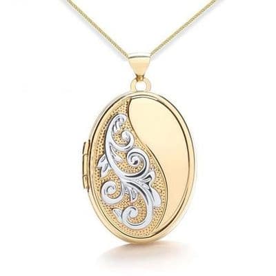 9ct Yellow Gold & White Gold Half Embossed Scroll Oval Locket