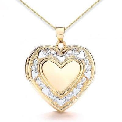 9ct Yellow Gold & White Gold Heart Edge Detail Heart Locket
