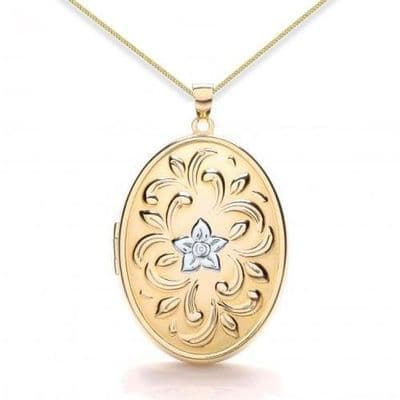 9ct Yellow Gold & White Gold One Flower Embossed Oval Locket