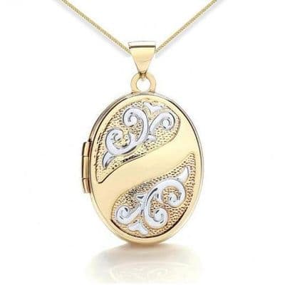 9ct Yellow Gold & White Gold Scroll Embossed Oval Locket