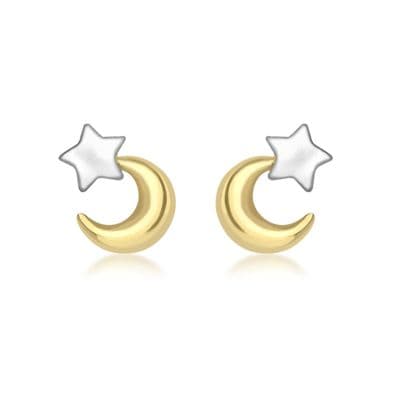 Children's 9ct 2-Colour Gold 8mm x 7mm Moon and Star Stud Earrings