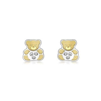 Children's 9ct 2-Colour Gold CZ 6mm x 6mm Teddy Bear Stud Earrings