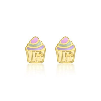 Children's 9ct Yellow Gold 5.5mm x 7mm Enamel 'Cupcake' Stud Earrings