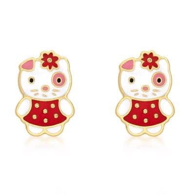 Children's 9ct Yellow Gold 5mm x 8mm Red and White Enamel Kitty Stud Earrings