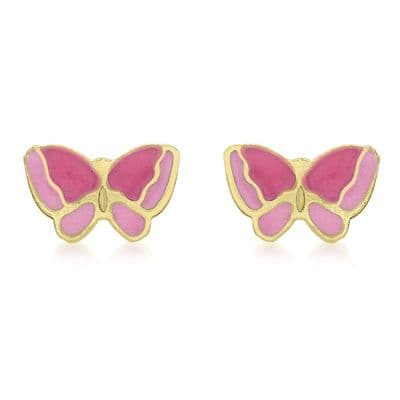 Children's 9ct Yellow Gold 7mm x 4mm Pink Enamel Butterfly Stud Earrings