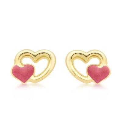 Children's 9ct Yellow Gold 8mm x 7mm Pink Enamel Double-Heart Stud Earrings