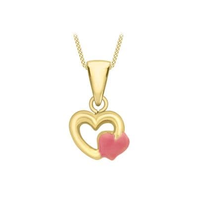 Children's 9ct Yellow Gold 9mm x 15mm Pink Enamel Heart Pendant