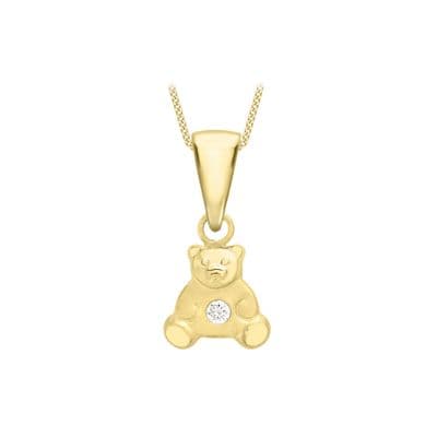 Children's 9ct Yellow Gold Satin 2mm CZ 8mm x 15mm Teddy Bear Pendant
