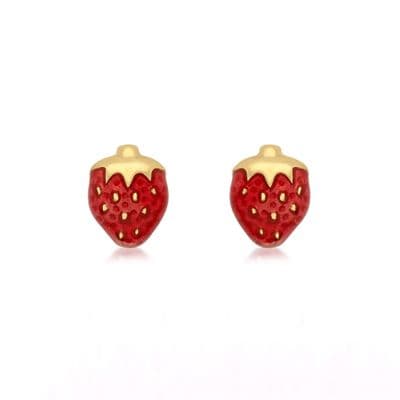 Childrens 9ct Yellow Gold 5mm x 6mm Enamel 'Strawberry' Stud Earrings
