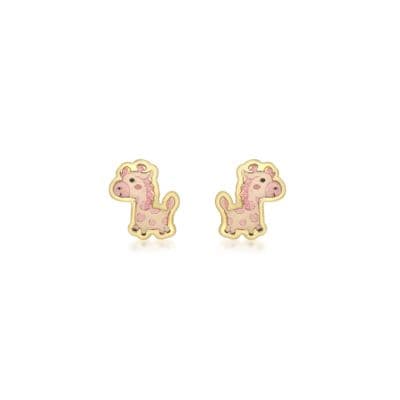Childrens 9ct Yellow Gold 6mm x 7mm Pink Enamel Pony Stud Earrings