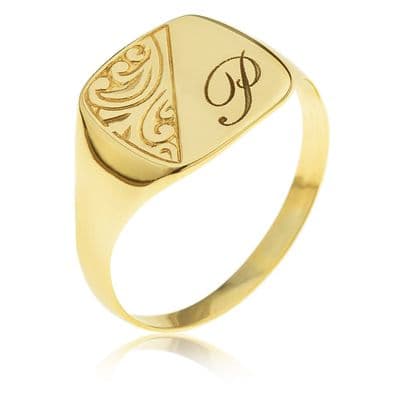 Personalised 9ct Yellow Gold One Initial Embossed Gents Cushion Ring