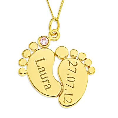Personalised 9ct Yellow Gold Pink or Blue Cubic Zirconia Baby Feet Pendant