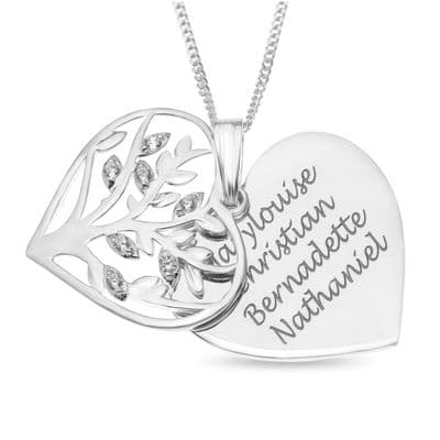 Personalised Sterling Silver Cubic Zirconia Family Tree Heart Pendant